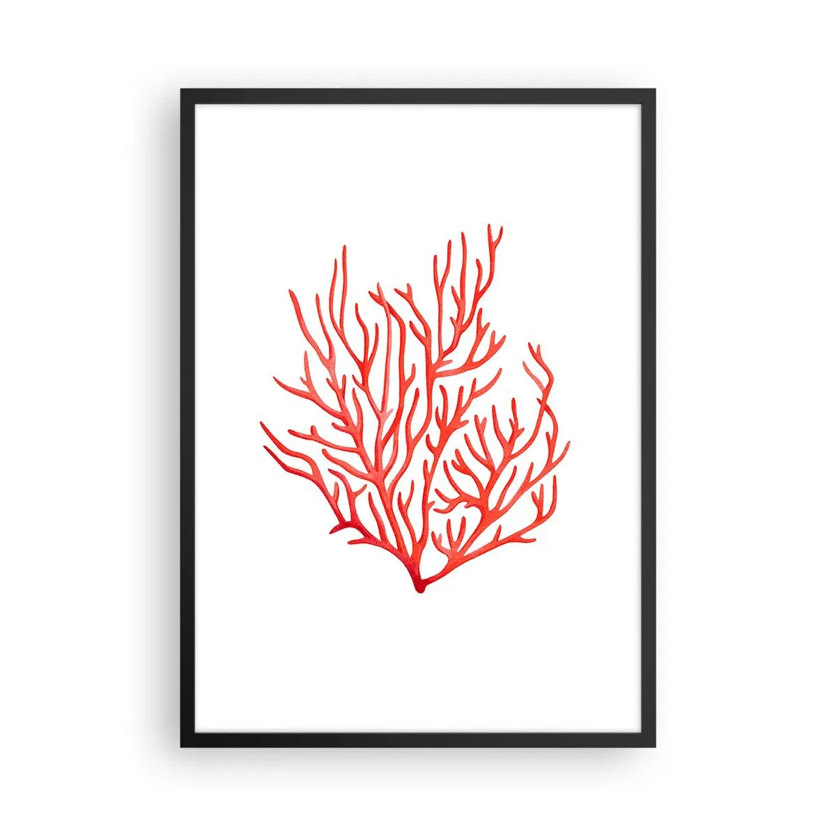 Plakat i sort ramme - Rød koral på en hvid baggrund i minimalistisk stil - 50x70cm - Koral-filigran - Moderne vægdekoration til stue og soveværelse ARTTOR