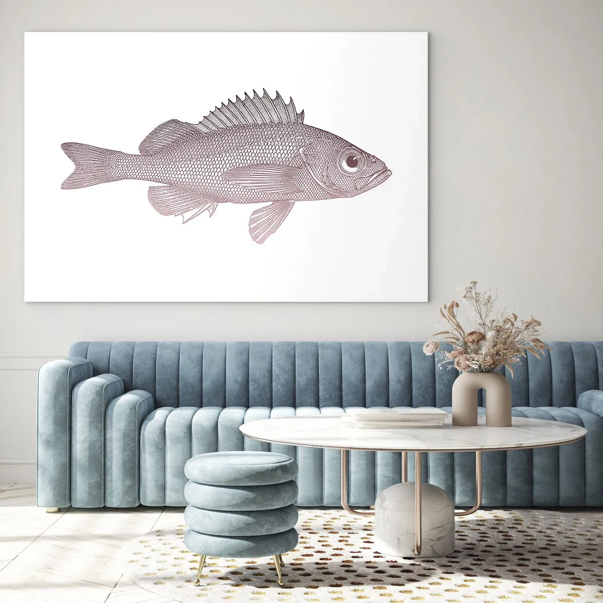 Billede på glas - Grafik af en fisk med et stort øje i retrostil på en hvid baggrund - 70x50cm - Fisk med store øjne - Moderne vægdekoration til stue og soveværelse ARTTOR