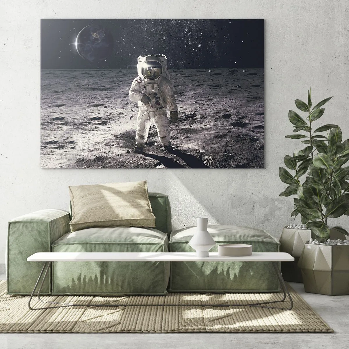 Billede på glas - Astronaut på månens overflade med Jorden i baggrunden - 70x50cm - Hilsner fra månen - Moderne vægdekoration til stue og soveværelse ARTTOR