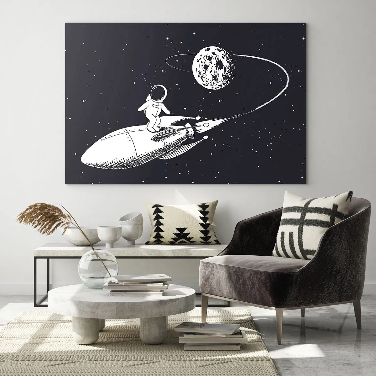 Billede på glas - Tegneserieastronaut surfer i rummet på en raket - 70x50cm - Space surfer - Moderne vægdekoration til stue og soveværelse ARTTOR