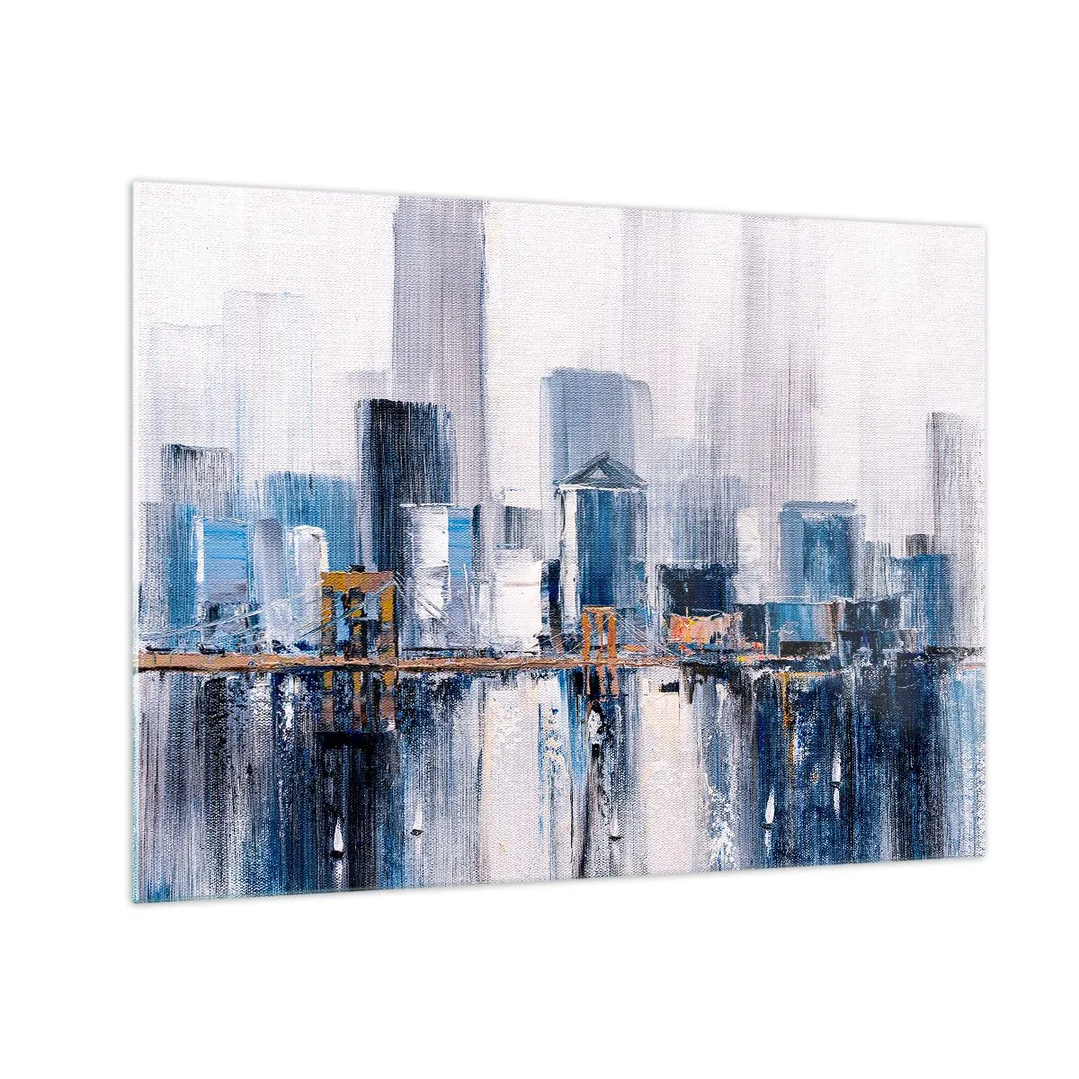 Billede på glas - Abstrakt bypanorama med skyskrabere og en bro i kølige farver - 70x50cm - Indtryk fra New York - Moderne vægdekoration til stue og soveværelse ARTTOR