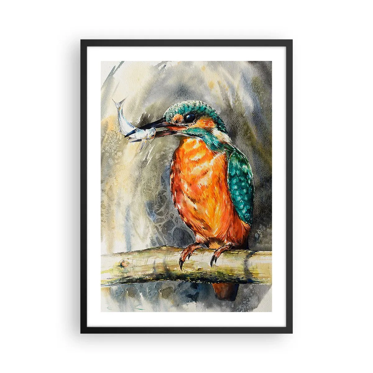 Plakat i sort ramme - En vandløve, der holder en fisk mod et naturligt landskab i akvarelstil. - 50x70cm - Naturens lov - Moderne vægdekoration til stue og soveværelse ARTTOR