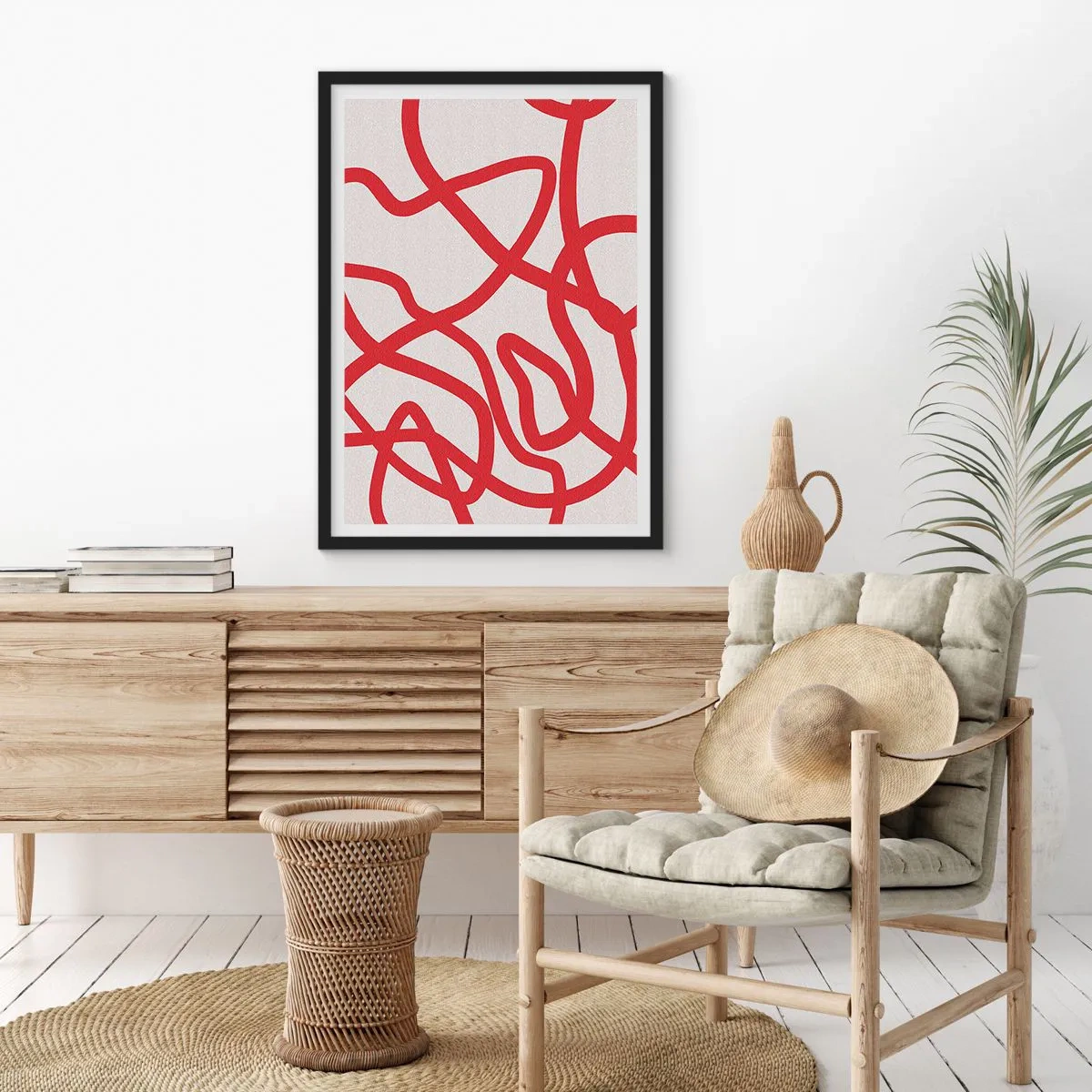 Plakat i sort ramme - Abstrakt komposition af dynamiske røde linjer på en lys baggrund. - 50x70cm - Rød på hvid - Moderne vægdekoration til stue og soveværelse ARTTOR