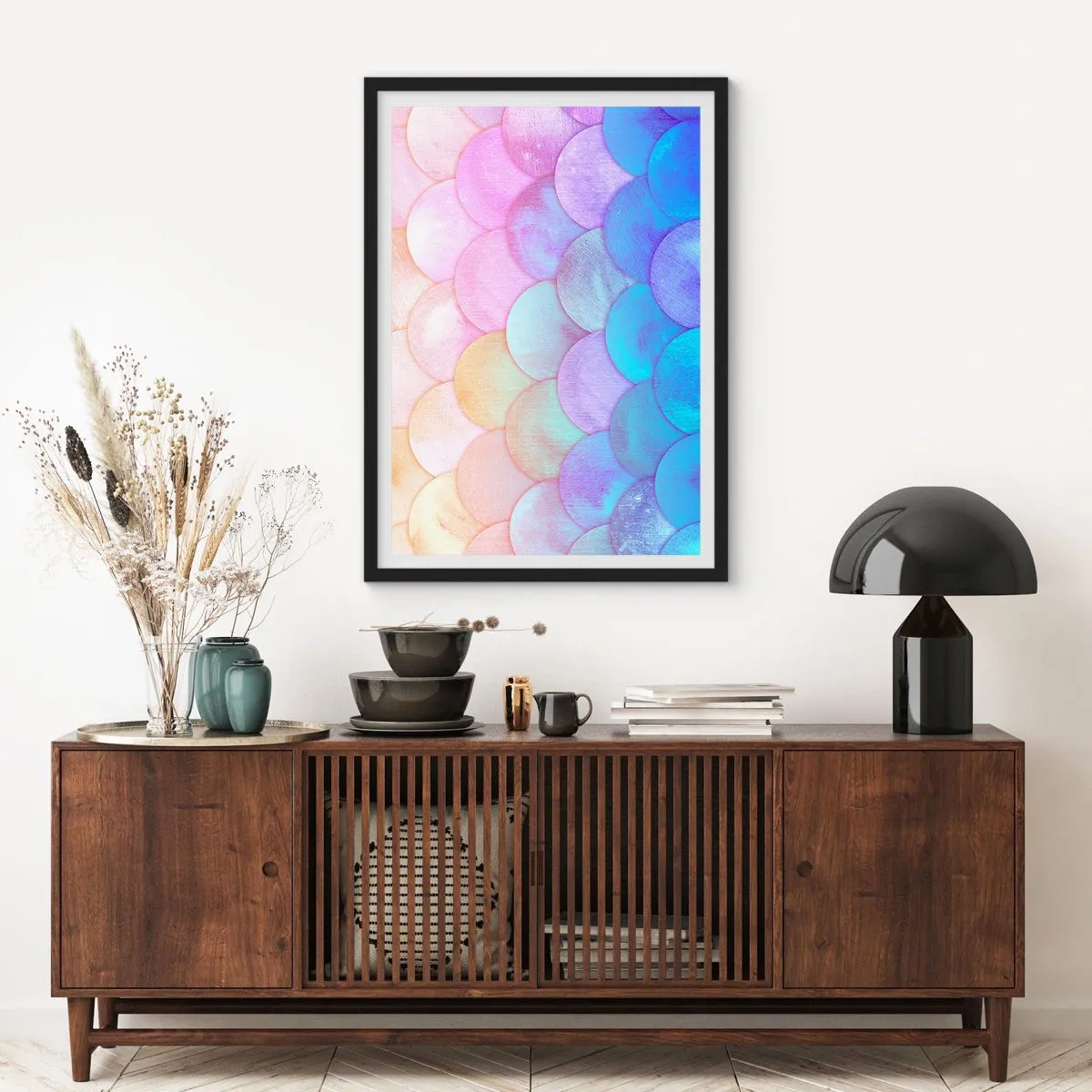 Plakat i sort ramme - En pastelkomposition, der ligner skæl i regnbuens nuancer - 50x70cm - Perleskaller - Moderne vægdekoration til stue og soveværelse ARTTOR