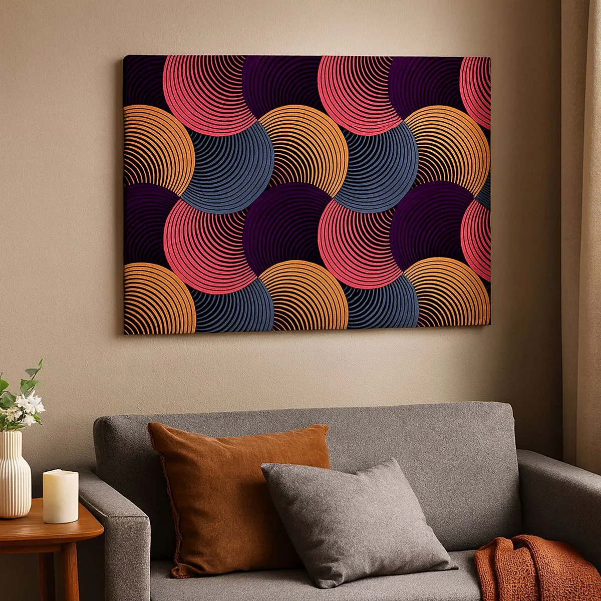 Lærredstryk - Billede på lærred - Geometriske cirkler i nuancer af lyserød, lilla og guld - 70x50cm - I en cirkulær rytme - Moderne vægdekoration til stue og soveværelse ARTTOR
