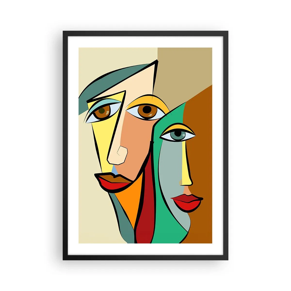 Plakat i sort ramme - Abstrakte kubistiske ansigter i varme farver - 50x70cm - Kubistisk par - Moderne vægdekoration til stue og soveværelse ARTTOR