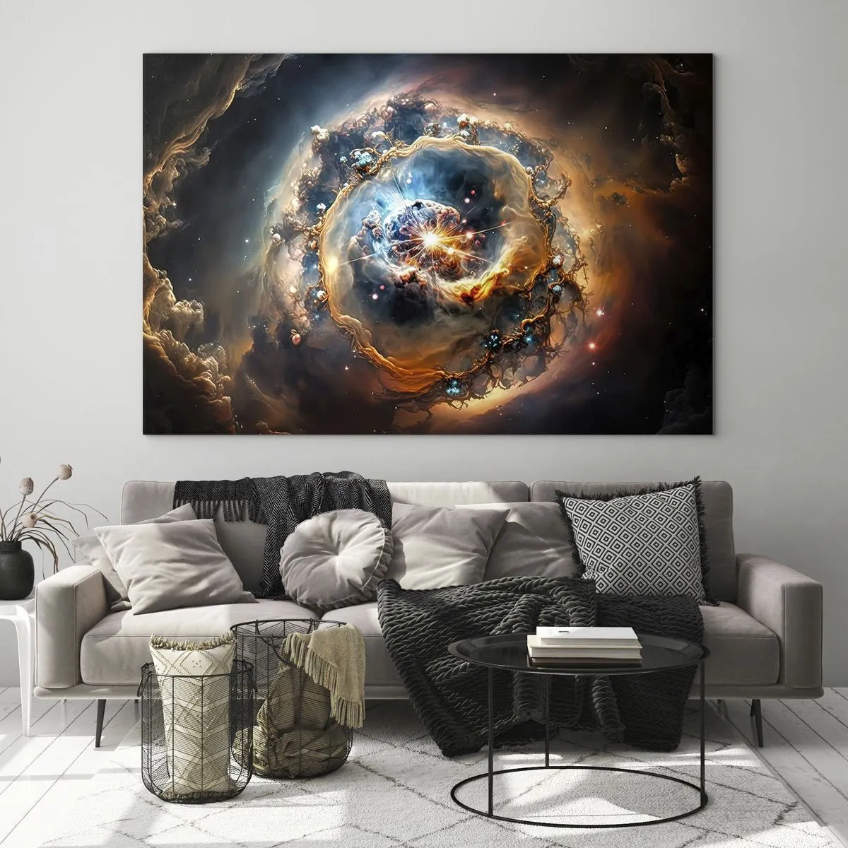 Billede på glas - En kosmisk eksplosion i centrum af en galaktisk hvirvel - 70x50cm - Begyndelse - Moderne vægdekoration til stue og soveværelse ARTTOR