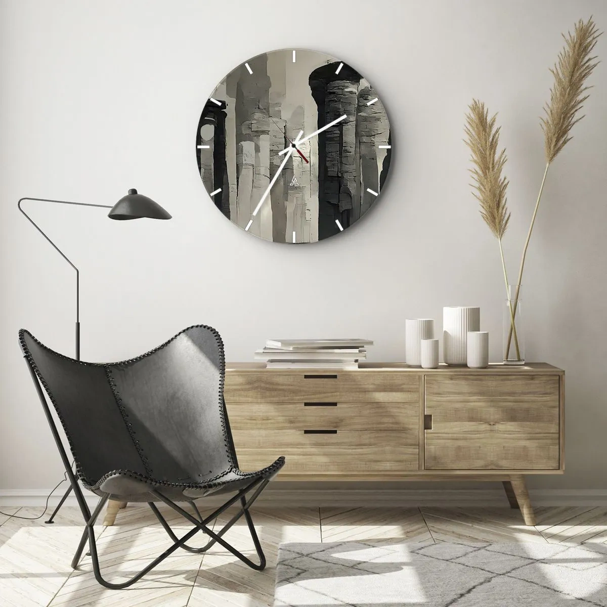 Vægur, Uret - Monumentale søjler i maleriske beige og grå toner - 30x30cm - Antikkens majestæt - Moderne vægdekoration til stue, køkken og soveværelse ARTTOR