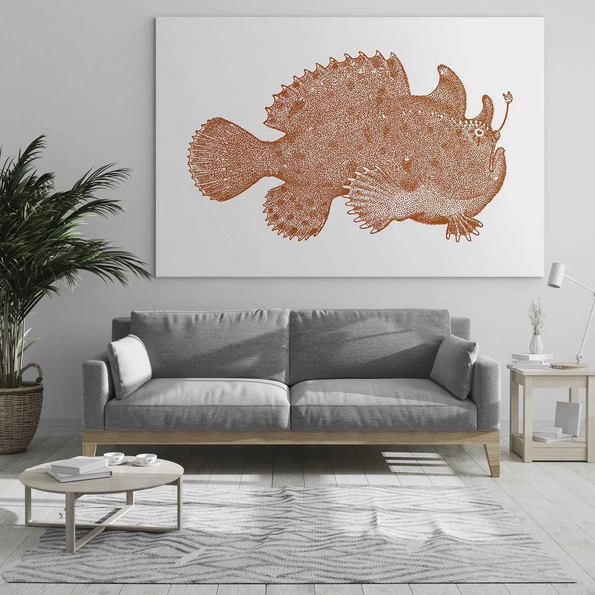 Billede på glas - En rusten tegning af en dybhavsfisk lavet ved hjælp af prikteknikken - 70x50cm - Og dog en fisk - Moderne vægdekoration til stue og soveværelse ARTTOR