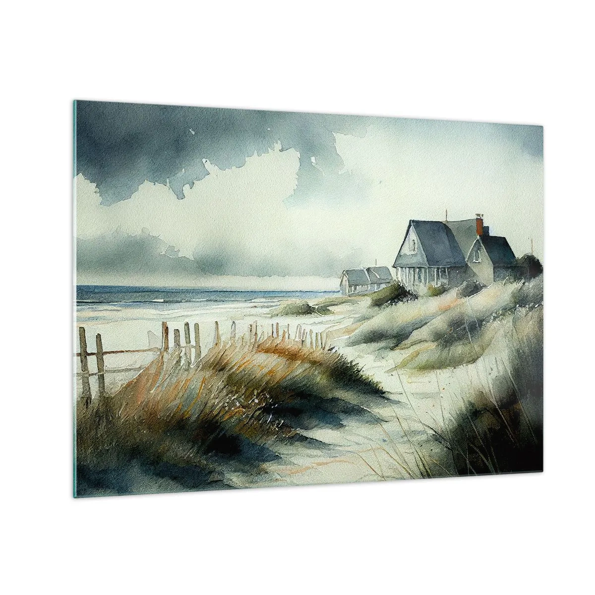 Billede på glas - Huse ved stranden under en overskyet himmel - 70x50cm - Væk fra trængsel og travlhed - Moderne vægdekoration til stue og soveværelse ARTTOR
