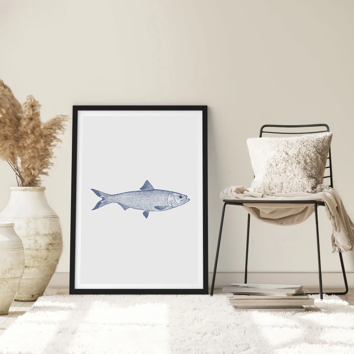 Plakat i sort ramme - Minimalistisk vintage fiskillustration - 50x70cm - Hilsner fra de nordlige have - Moderne vægdekoration til stue og soveværelse ARTTOR