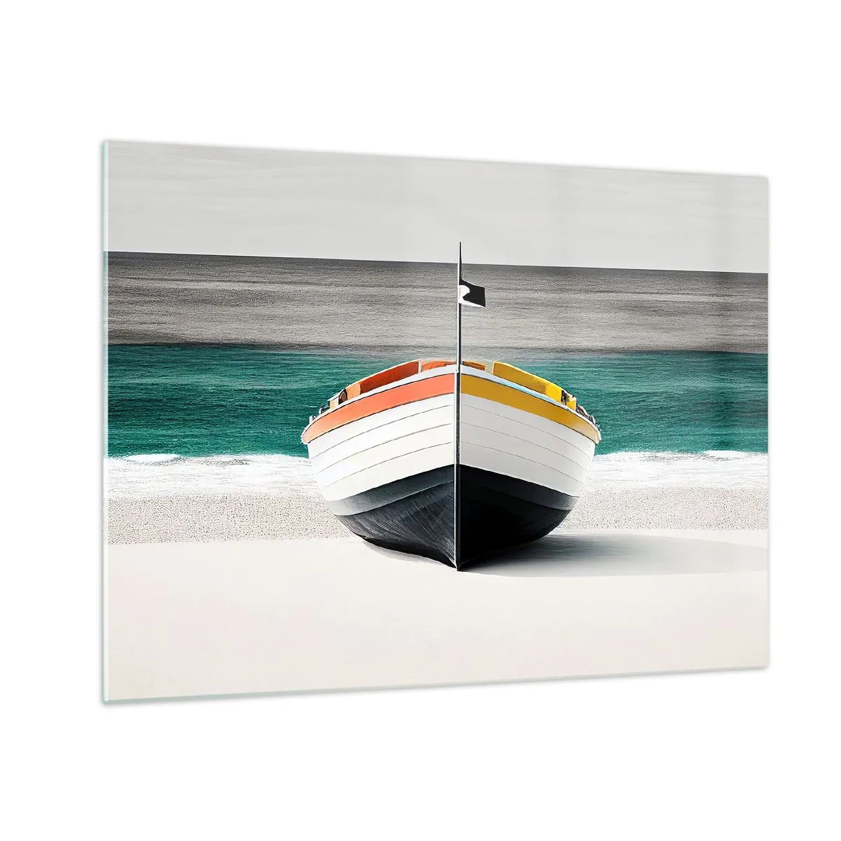 Billede på glas - En farverig båd på stranden med et turkisblåt hav i baggrunden - 70x50cm - På sin plads - Moderne vægdekoration til stue og soveværelse ARTTOR