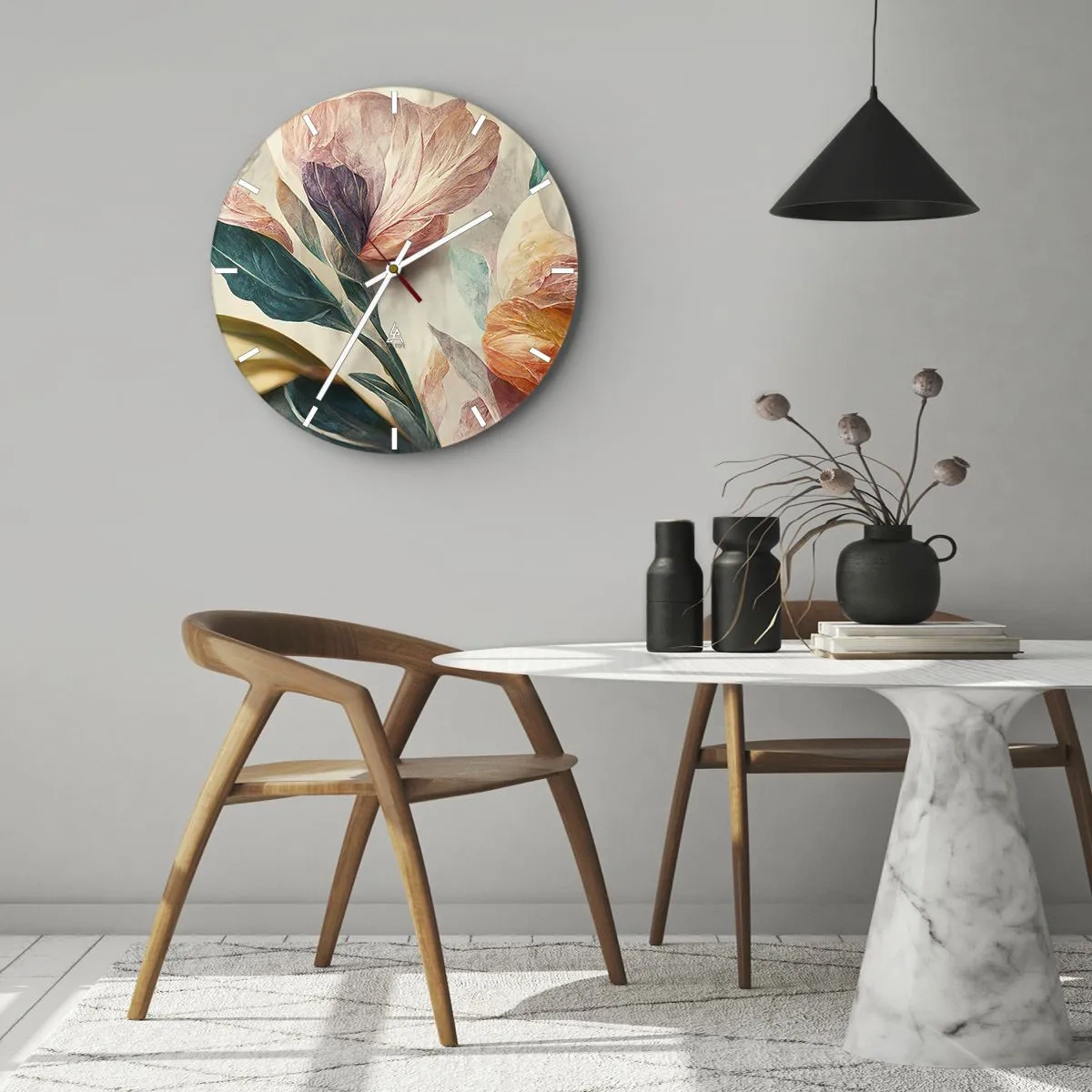 Vægur, Uret - Farverige tropiske blomster i malerisk stil på en lys baggrund - 30x30cm - Blomster på de sydlige øer - Moderne vægdekoration til stue, køkken og soveværelse ARTTOR