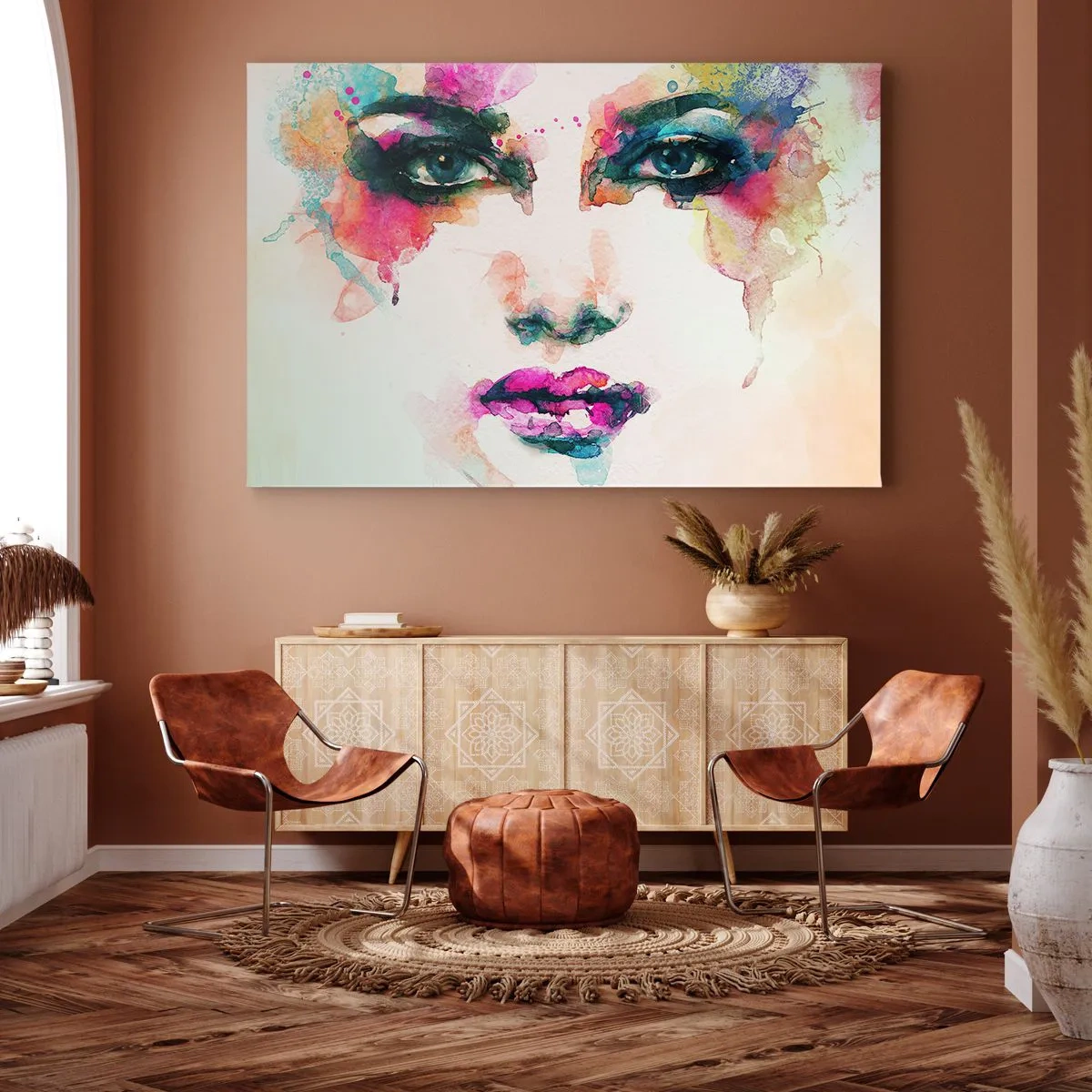 Lærredstryk - Billede på lærred - Abstrakt portræt af en kvinde i intense farver - 70x50cm - Portræt malet med en regnbue - Moderne vægdekoration til stue og soveværelse ARTTOR