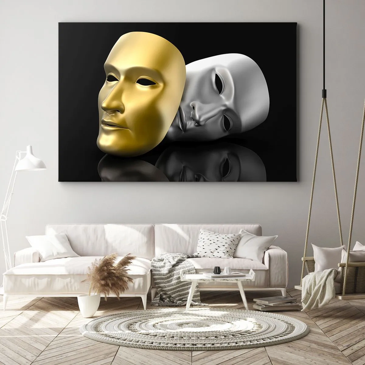 Lærredstryk - Billede på lærred - Guld- og sølvmaske på sort baggrund - 70x50cm - Livet er teater - Moderne vægdekoration til stue og soveværelse ARTTOR