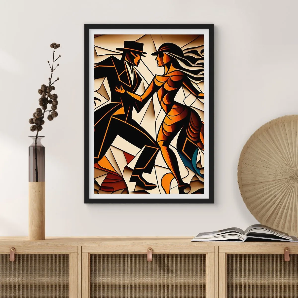 Plakat i sort ramme - Et dynamisk par, der danser tango i kubistisk stil. - 50x70cm - Dans af lidenskab og passion - Moderne vægdekoration til stue og soveværelse ARTTOR