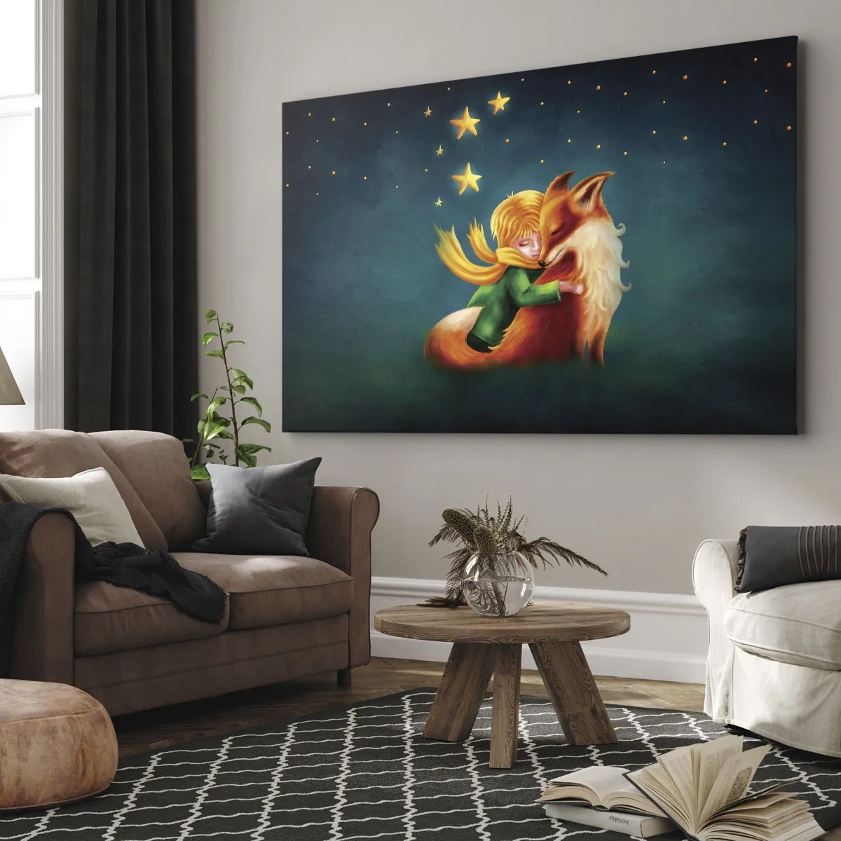 Lærredstryk - Billede på lærred - En dreng med en ræv i en magisk ramme med stjerner - 70x50cm - Lille Prins - Moderne vægdekoration til stue og soveværelse ARTTOR