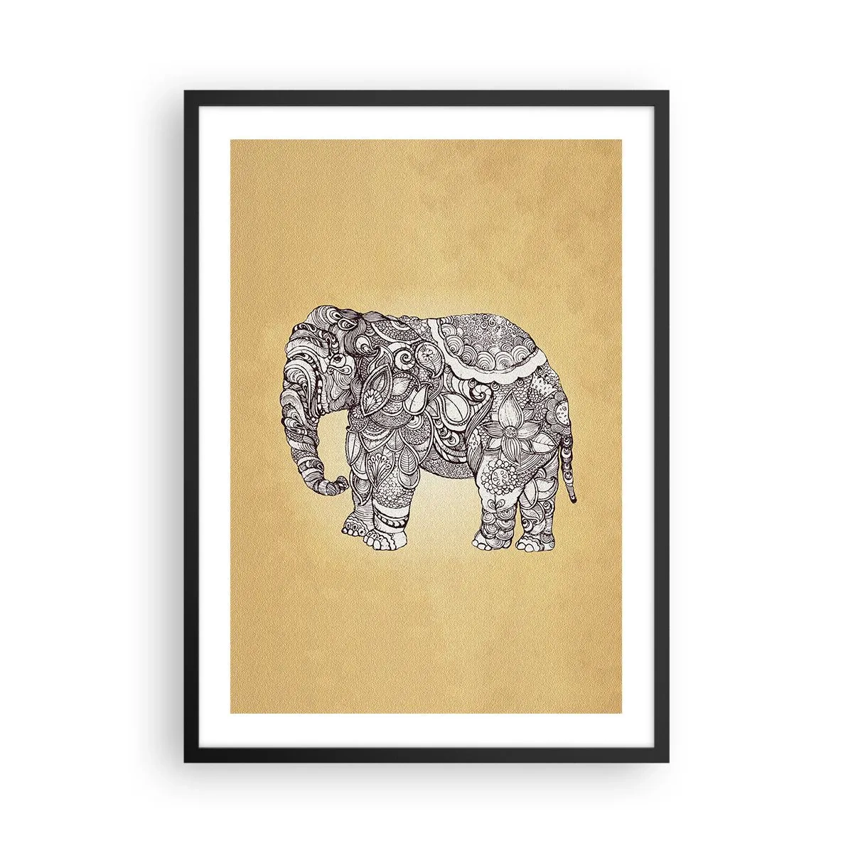 Plakat i sort ramme - Dekorativ illustration af en elefant med indviklede ornamenter på en gylden baggrund - 50x70cm - Elefanten er blevet blind - Moderne vægdekoration til stue og soveværelse ARTTOR