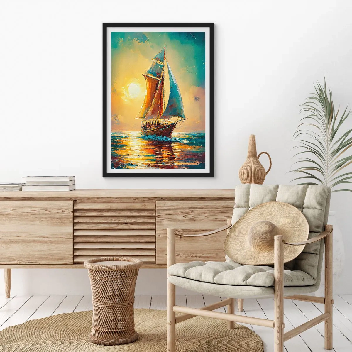Plakat i sort ramme - Et sejlskib mod en gylden solnedgangs baggrund - 50x70cm - Under fulde sejl - Moderne vægdekoration til stue og soveværelse ARTTOR