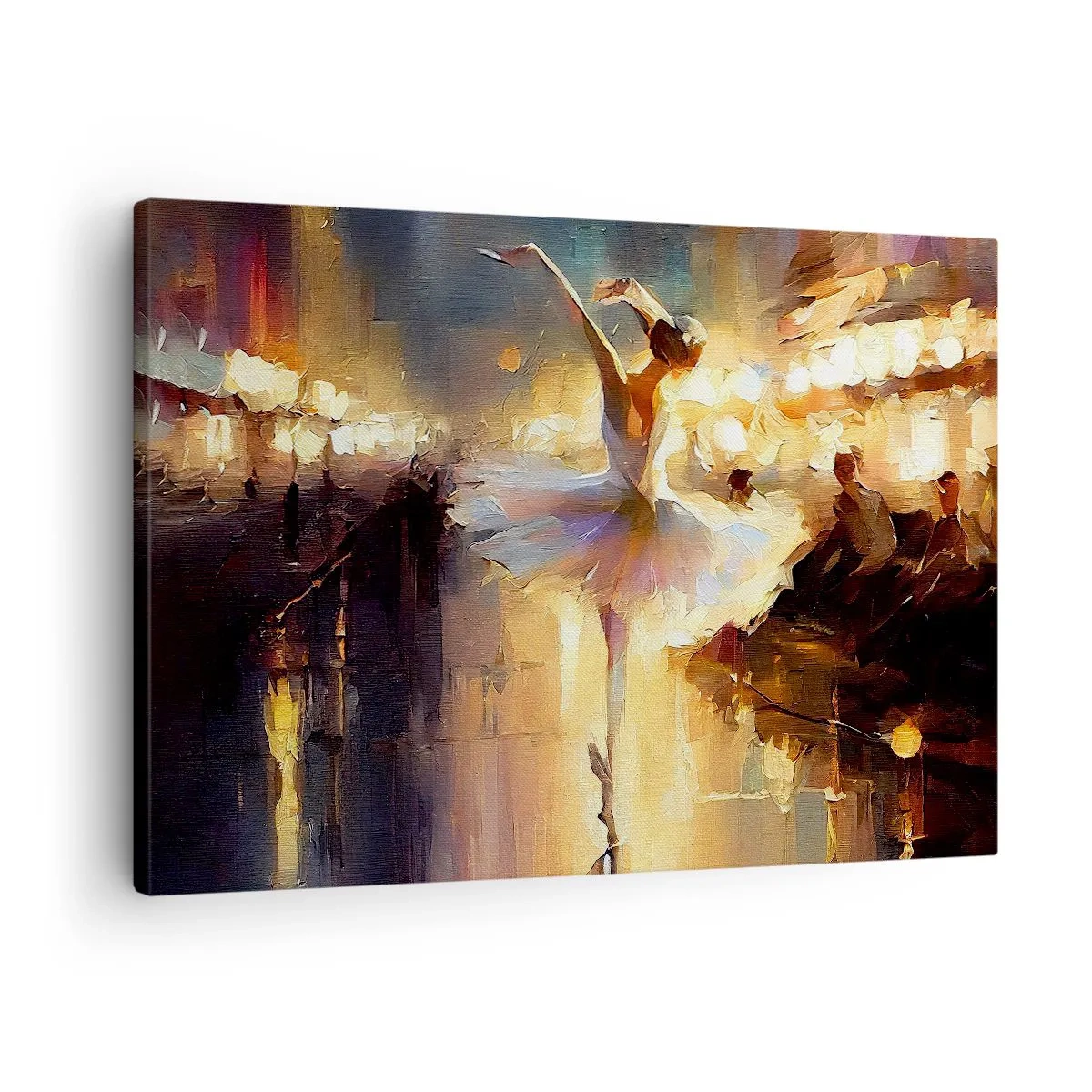 Lærredstryk - Billede på lærred - En ballerina danser foran en oplyst scene - 70x50cm - Et mirakel på gaden - Moderne vægdekoration til stue og soveværelse ARTTOR