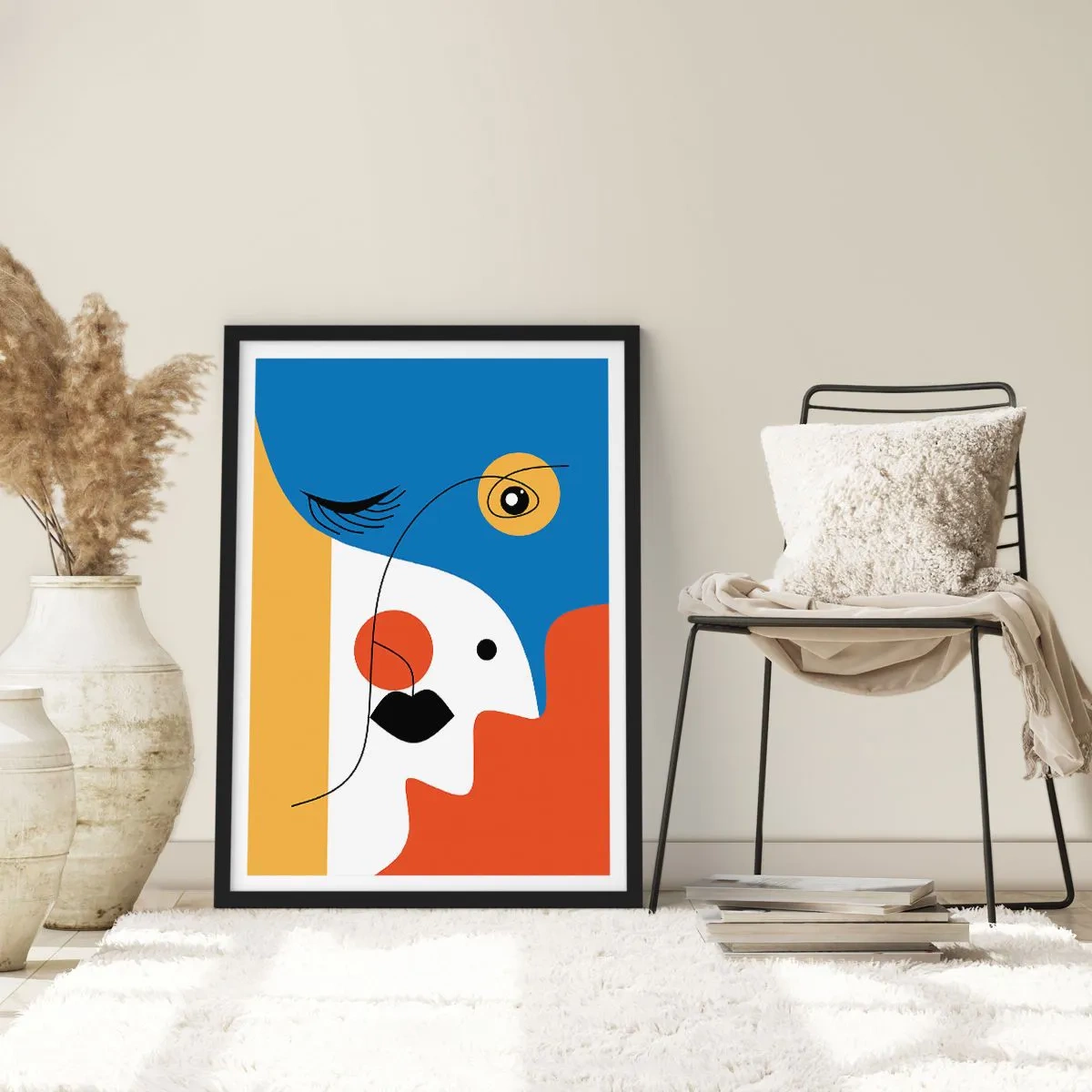 Plakat i sort ramme - Et kubistisk portræt i stærke farver - 50x70cm - Dekonstrueret portræt - Moderne vægdekoration til stue og soveværelse ARTTOR