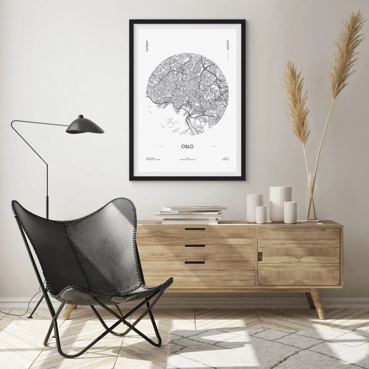 Plakat i sort ramme - Et minimalistisk sort-hvidt kort over Oslo - 50x70cm - Anatomi af Oslo - Moderne vægdekoration til stue og soveværelse ARTTOR