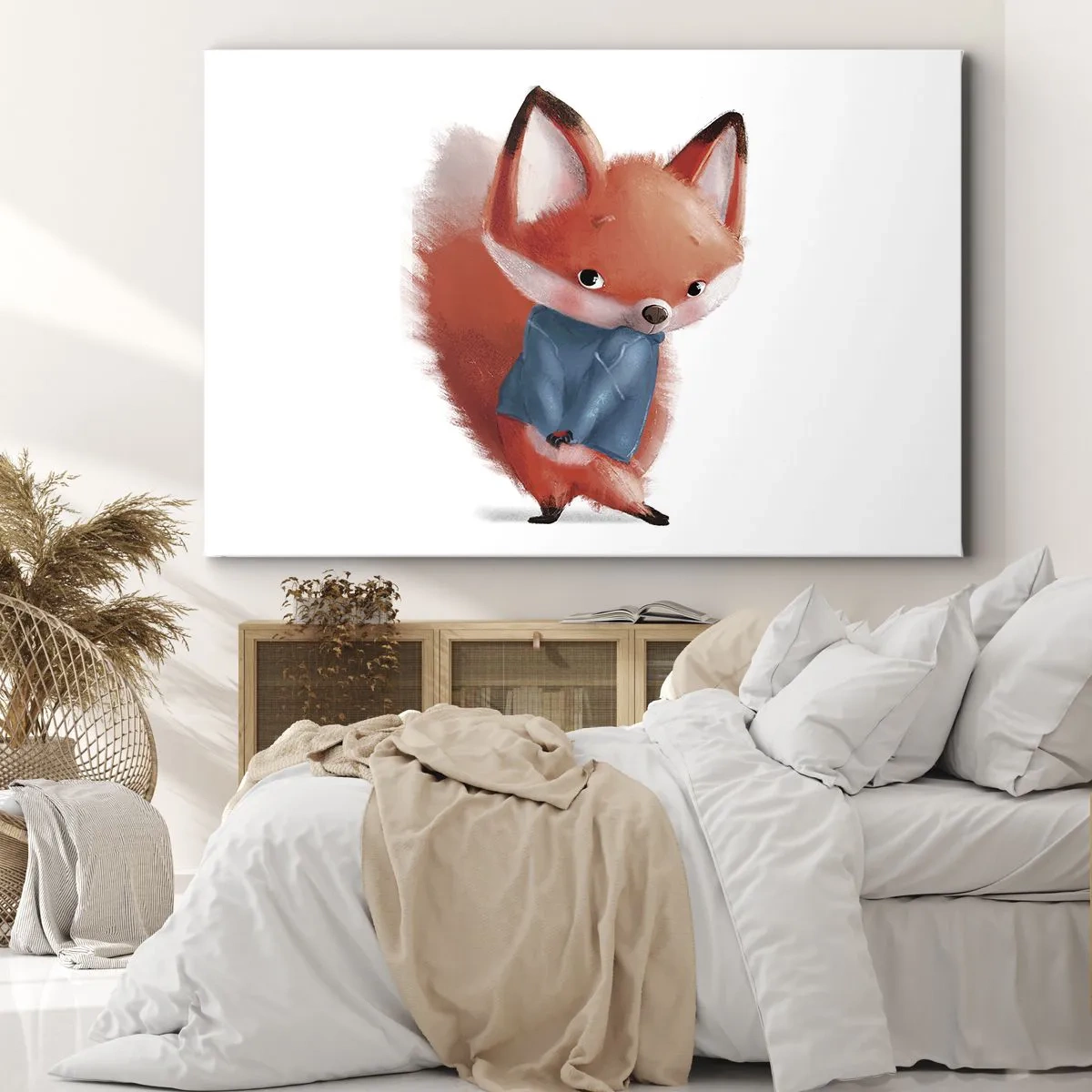Lærredstryk - Billede på lærred - En sød ræv i et blåt jakkesæt - 70x50cm - Ser jeg smuk ud i den her? - Moderne vægdekoration til stue og soveværelse ARTTOR