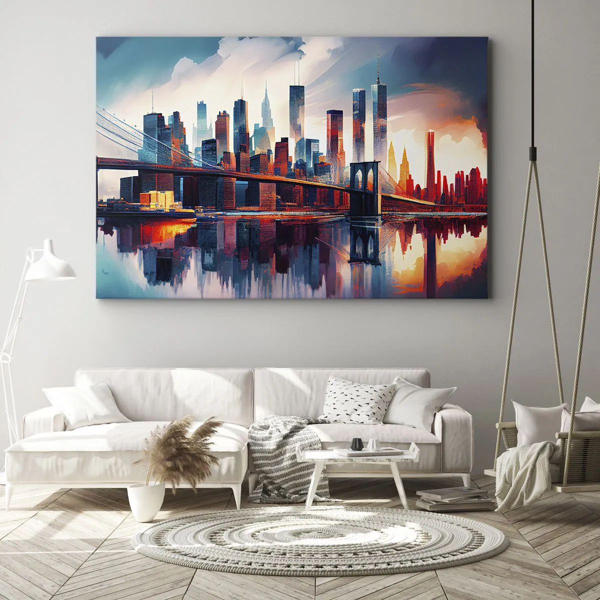 Lærredstryk - Billede på lærred - New York City panorama med bro og spejling i vand - 70x50cm - Fænomenale New York - Moderne vægdekoration til stue og soveværelse ARTTOR