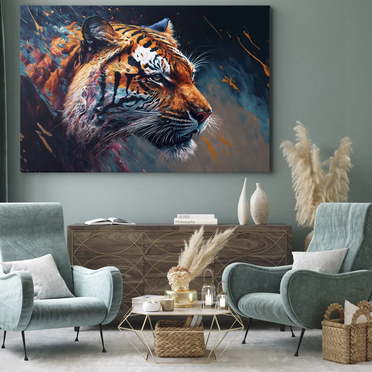 Lærredstryk - Billede på lærred - Portræt af en tiger i dynamiske, abstrakte farver - 70x50cm - Vild skønhed - Moderne vægdekoration til stue og soveværelse ARTTOR