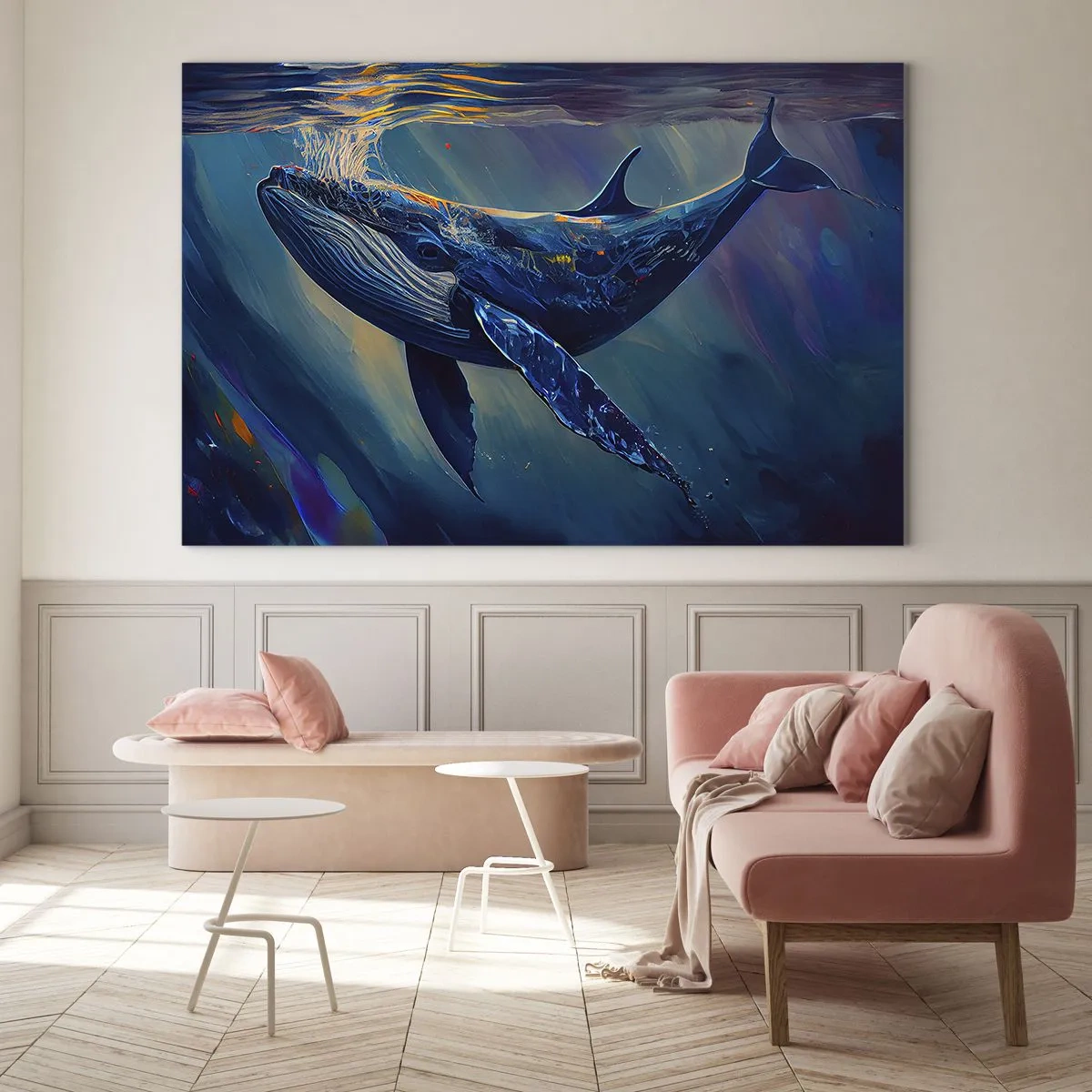 Billede på glas - En hval, der flyder under vandet i sollyset - 70x50cm - Velkommen til min verden - Moderne vægdekoration til stue og soveværelse ARTTOR