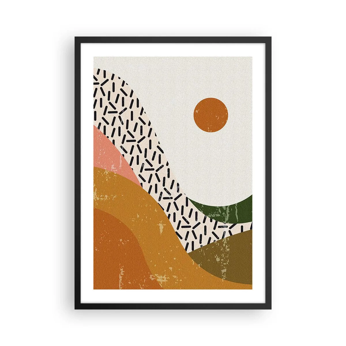 Plakat i sort ramme - Abstrakt landskab i varme farver - 50x70cm - Solrig abstraktion - Moderne vægdekoration til stue og soveværelse ARTTOR