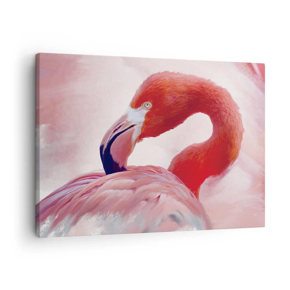 Lærredstryk - Billede på lærred - En flamingo i lyserøde toner på en lys baggrund - 70x50cm - Fugleskønhed - Moderne vægdekoration til stue og soveværelse ARTTOR