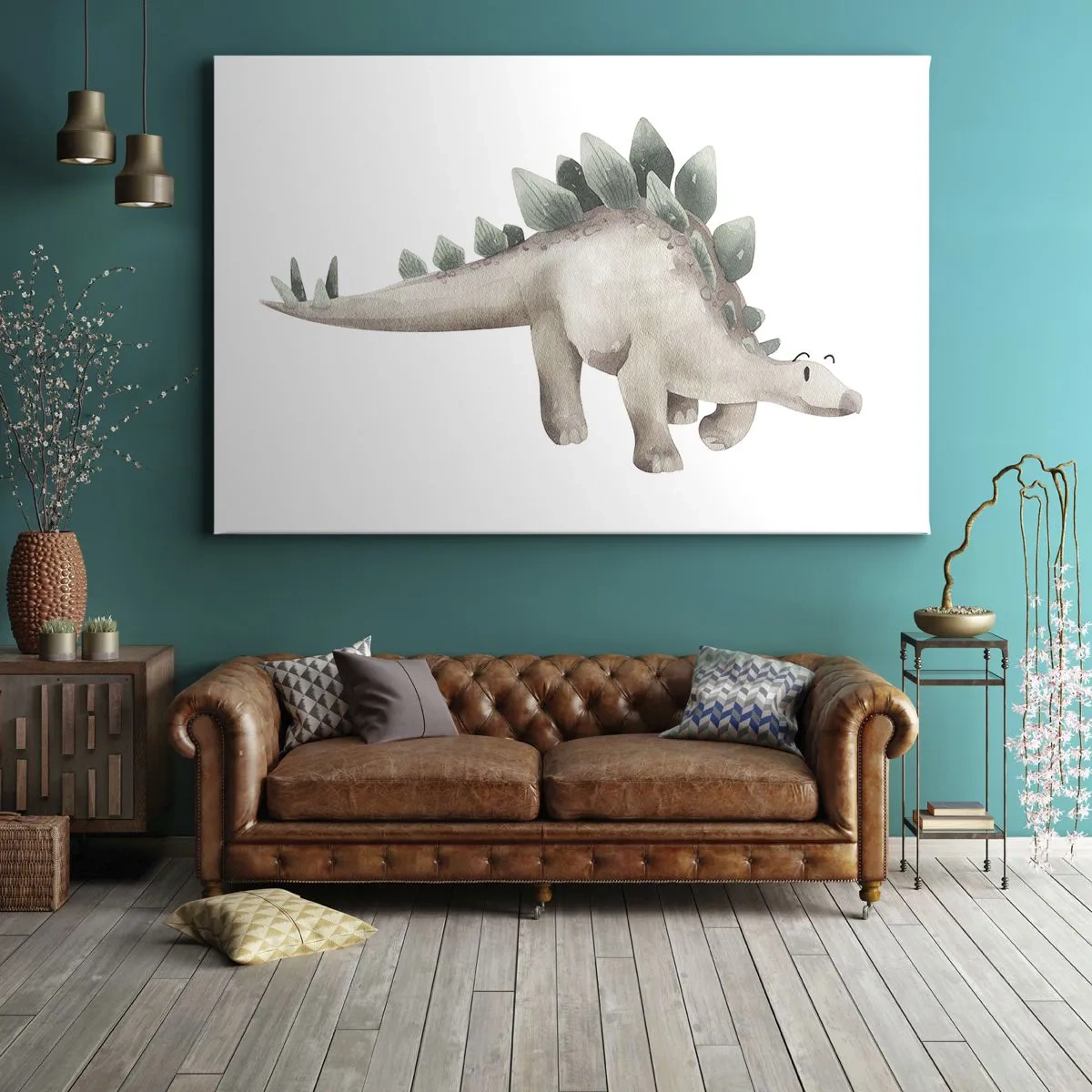 Lærredstryk - Billede på lærred - En sød dinosaur i pastelfarver - 70x50cm - Din ven - Moderne vægdekoration til stue og soveværelse ARTTOR
