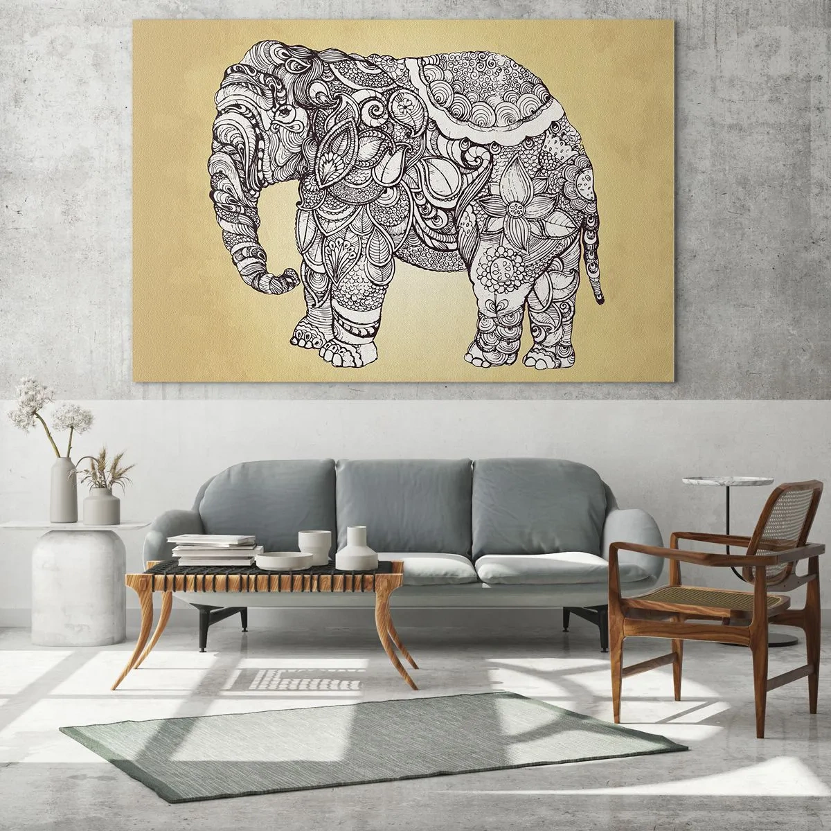 Billede på glas - Sort og hvid elefant med orientalske mønstre på en beige baggrund - 70x50cm - Elefanten er blevet blind - Moderne vægdekoration til stue og soveværelse ARTTOR