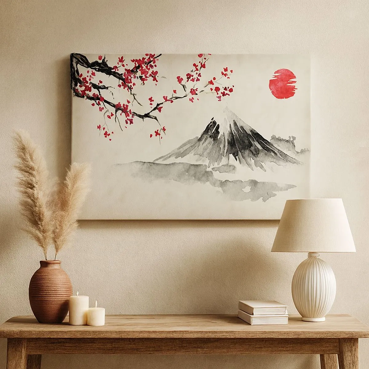 Lærredstryk - Billede på lærred - Et malerisk landskab med et bjerg, kirsebærblomster og solskin - 70x50cm - Bliv forelsket i Japan - Moderne vægdekoration til stue og soveværelse ARTTOR