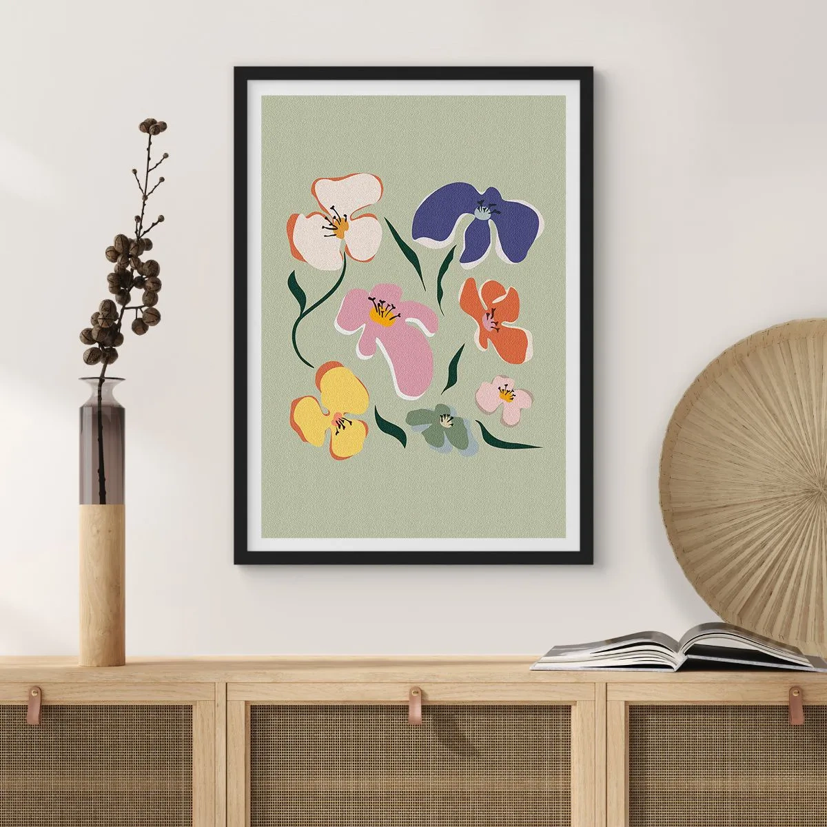 Plakat i sort ramme - Farverige blomster på en grøn baggrund i en kunstnerisk stil - 50x70cm - Stedmoderblomster med et twist - Moderne vægdekoration til stue og soveværelse ARTTOR