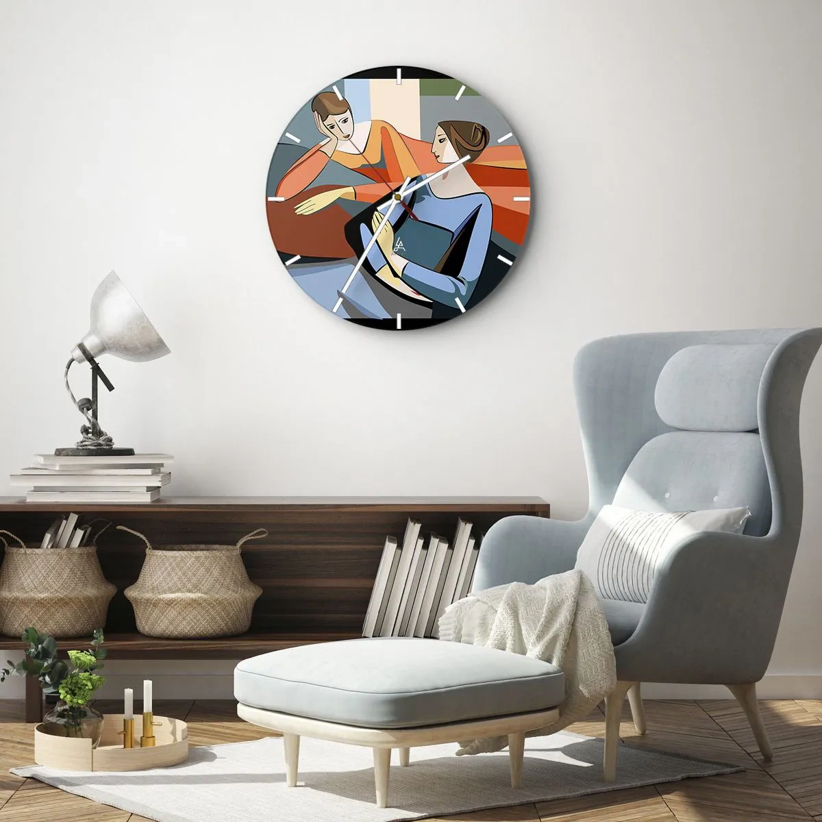 Vægur, Uret - To kvinder i geometrisk stil på en farverig baggrund - 30x30cm - Et øjeblik af fortrolighed - Moderne vægdekoration til stue, køkken og soveværelse ARTTOR