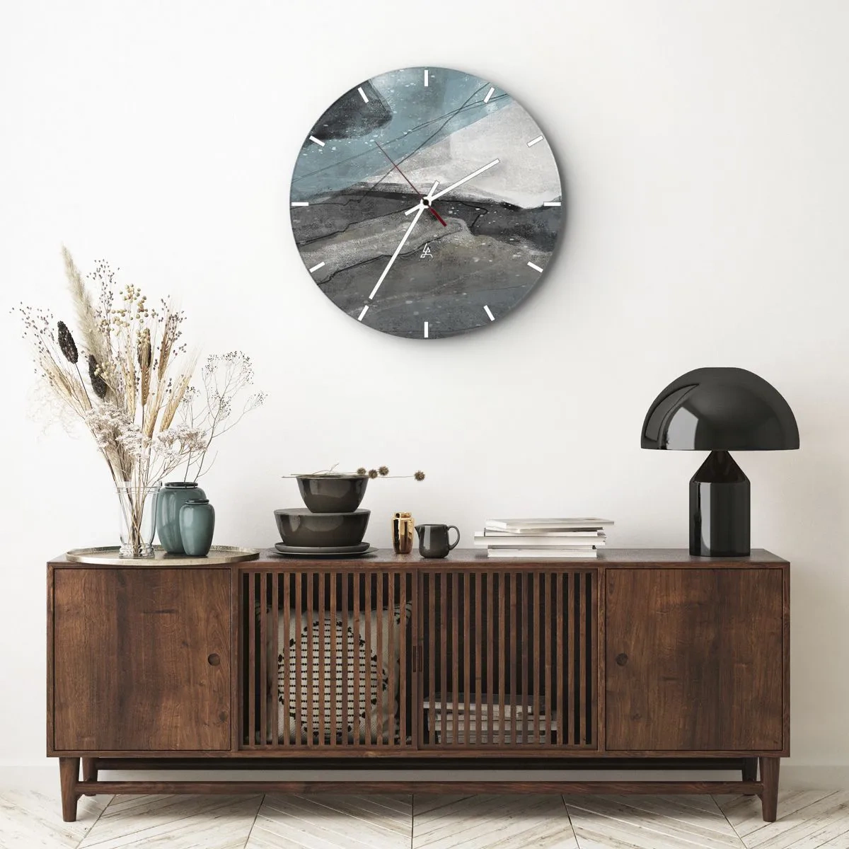 Vægur, Uret - En abstrakt komposition, der ligner en gletsjer og klipper. - 30x30cm - Abstraktion: klipper og is - Moderne vægdekoration til stue, køkken og soveværelse ARTTOR