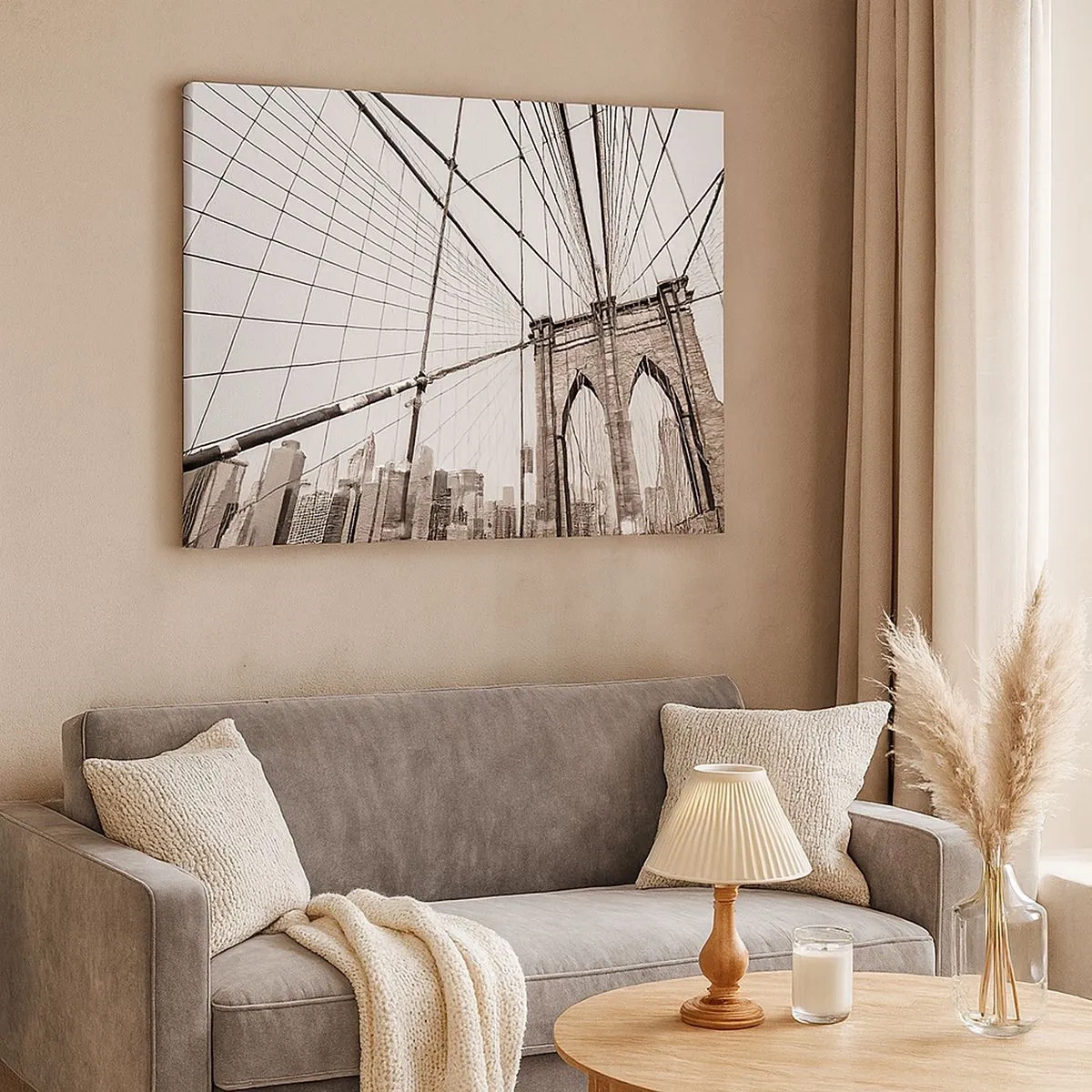 Lærredstryk - Billede på lærred - Brooklyn Bridge i monokrom - 70x50cm - Katedralen i New York - Moderne vægdekoration til stue og soveværelse ARTTOR
