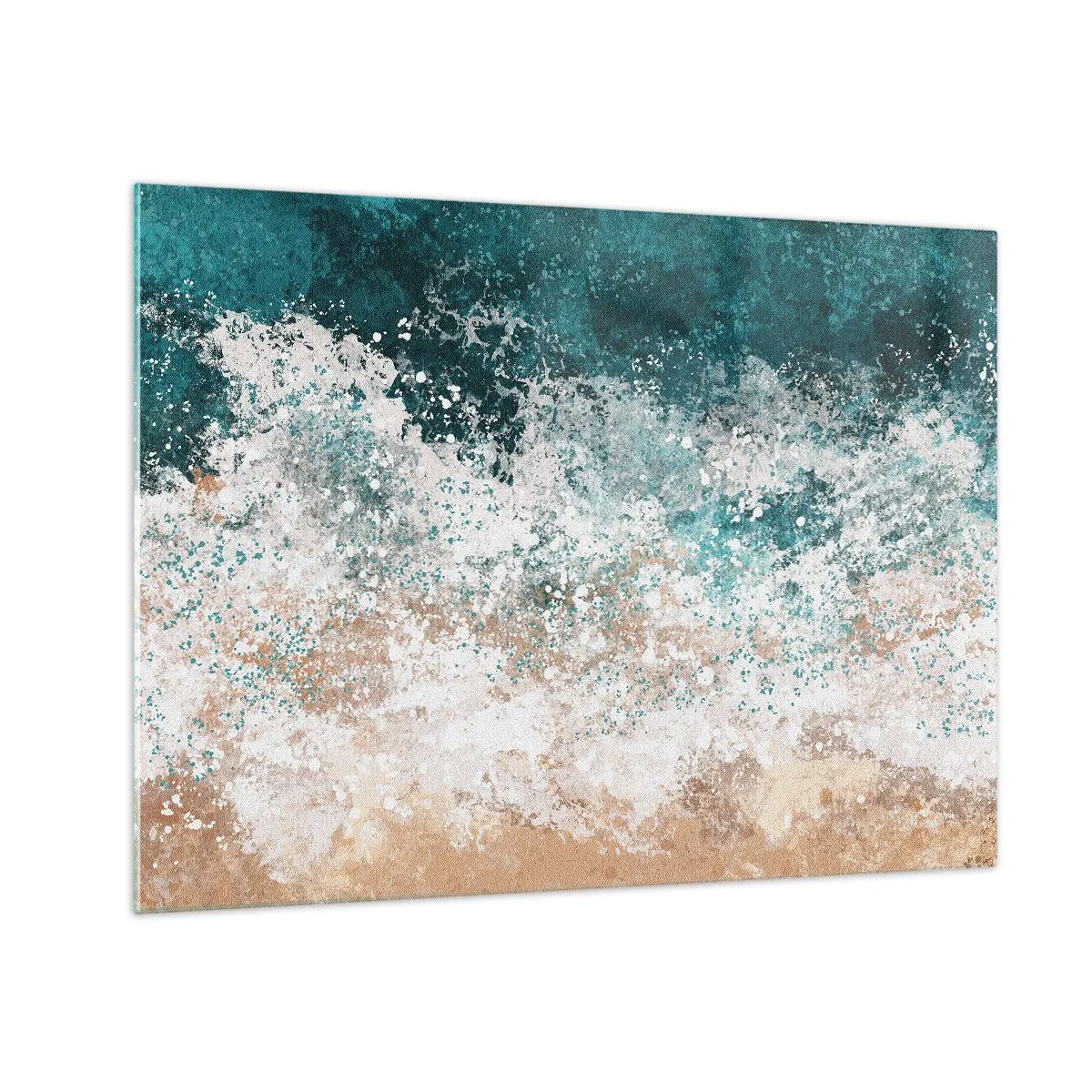 Billede på glas - Abstrakt havbølge i nuancer af turkis, hvid og sandbeige - 70x50cm - Historier fra havet - Moderne vægdekoration til stue og soveværelse ARTTOR