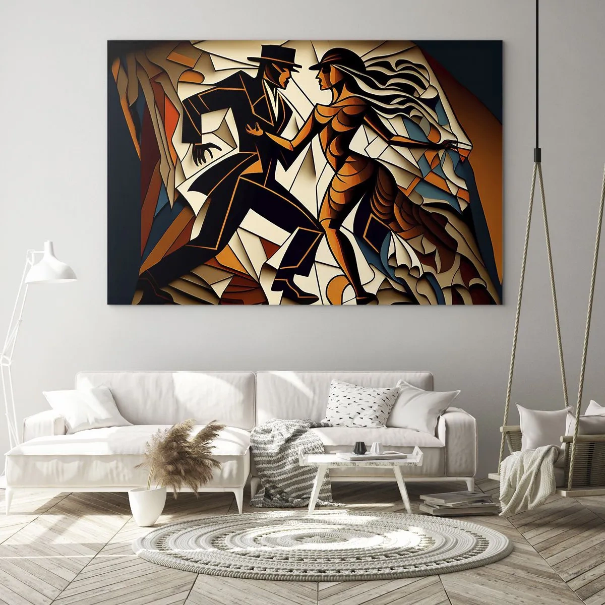 Billede på glas - Et stiliseret par, der danser i en dynamisk abstrakt form. - 70x50cm - Dans af lidenskab og passion - Moderne vægdekoration til stue og soveværelse ARTTOR