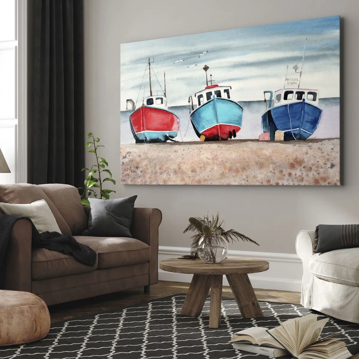 Lærredstryk - Billede på lærred - Farverige fiskerbåde på kysten i et havlandskab - 70x50cm - Klar til at fange - Moderne vægdekoration til stue og soveværelse ARTTOR