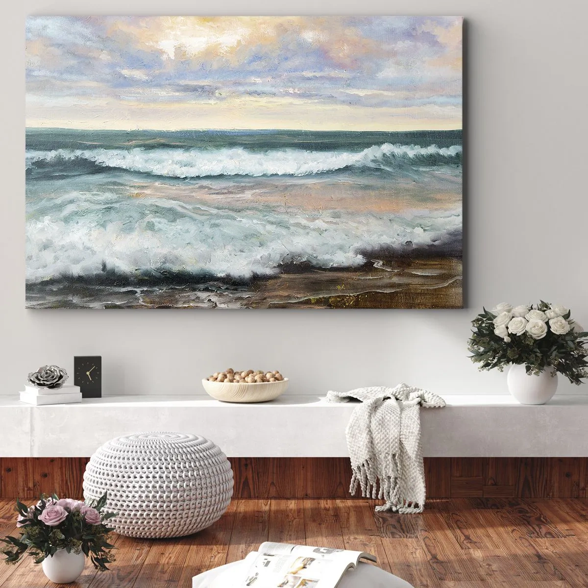 Lærredstryk - Billede på lærred - Havbølger mod en overskyet himmel ved solnedgang - 70x50cm - Her vil du glatte din sjæl - Moderne vægdekoration til stue og soveværelse ARTTOR