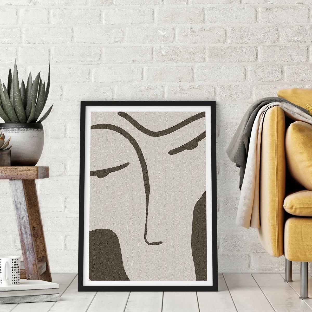 Plakat i sort ramme - Minimalistisk ansigtsportræt - 50x70cm - Som fra et Modigliani-maleri - Moderne vægdekoration til stue og soveværelse ARTTOR