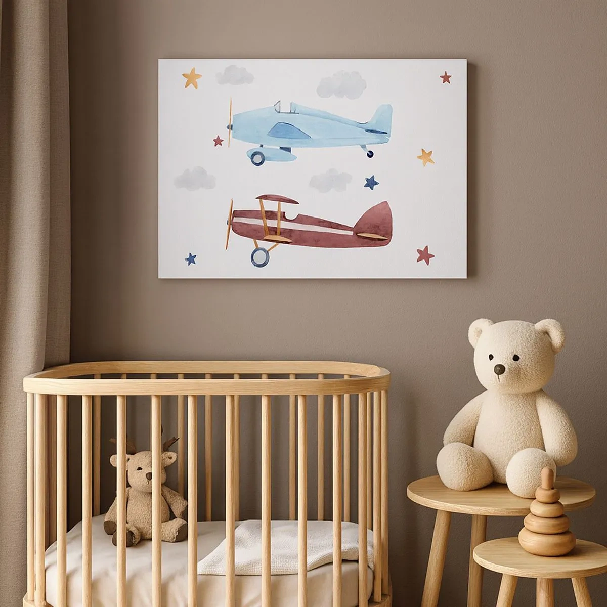 Lærredstryk - Billede på lærred - Håndmalede flyvemaskiner mod en baggrund af skyer og stjerner - 70x50cm - Hr. pilot, vi venter! - Moderne vægdekoration til stue og soveværelse ARTTOR