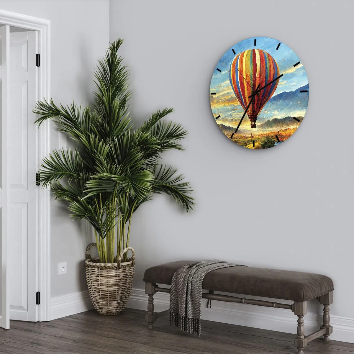 Vægur, Uret - En farverig ballon mod et bjerglandskab ved solopgang - 30x30cm - I stilhed kan du se mere - Moderne vægdekoration til stue, køkken og soveværelse ARTTOR