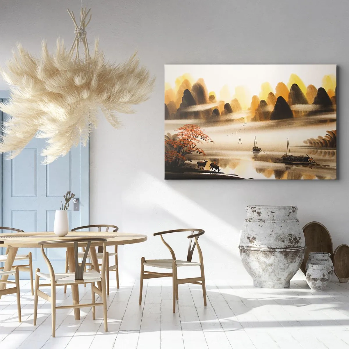 Lærredstryk - Billede på lærred - Et orientalsk landskab med en flod, bjerge og en let tåge. - 70x50cm - Længere væk end det fjerne Østen - Moderne vægdekoration til stue og soveværelse ARTTOR