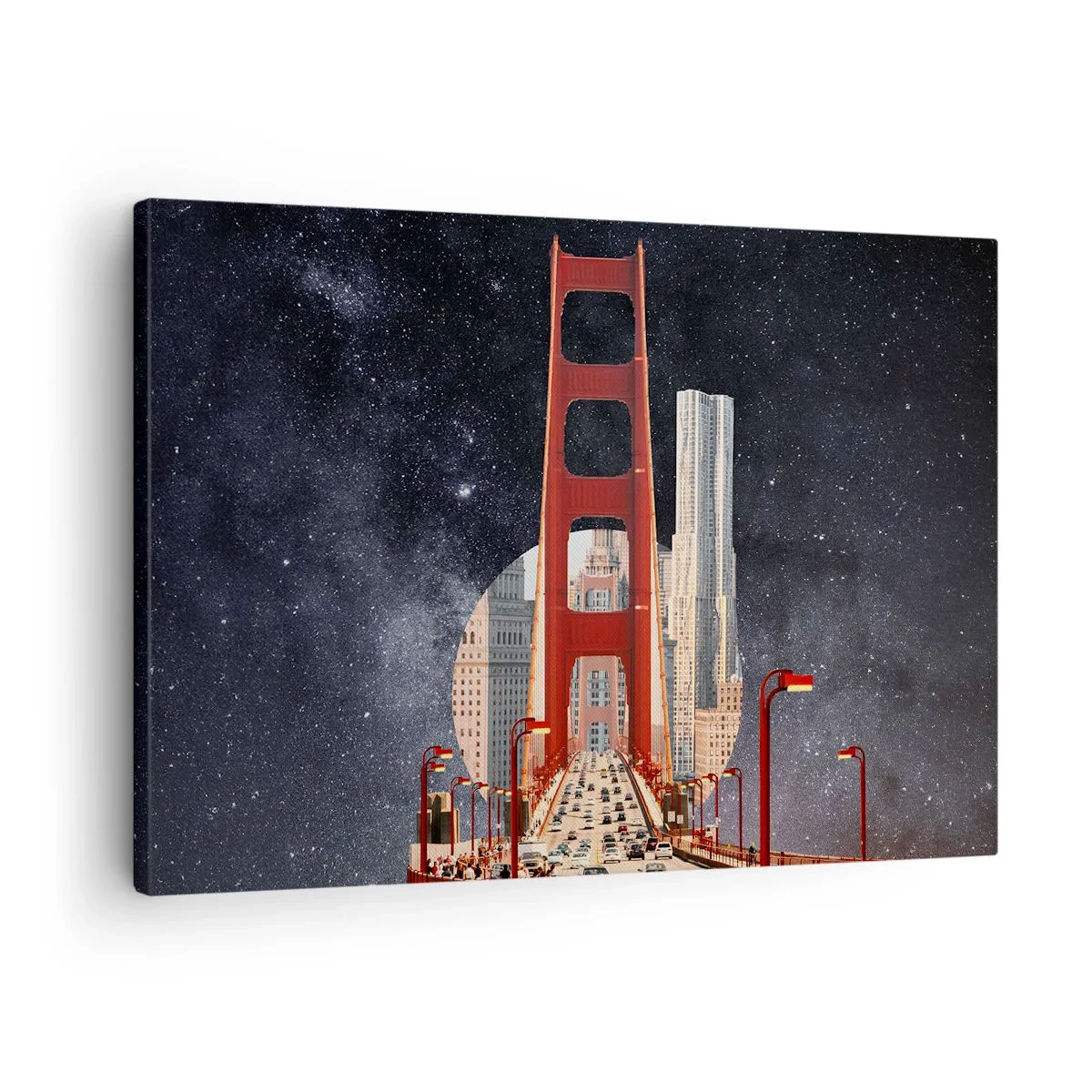 Lærredstryk - Billede på lærred - Golden Gate Bridge med byen i baggrunden mod en stjerneklar himmel - 70x50cm - Altid i centrum - Moderne vægdekoration til stue og soveværelse ARTTOR