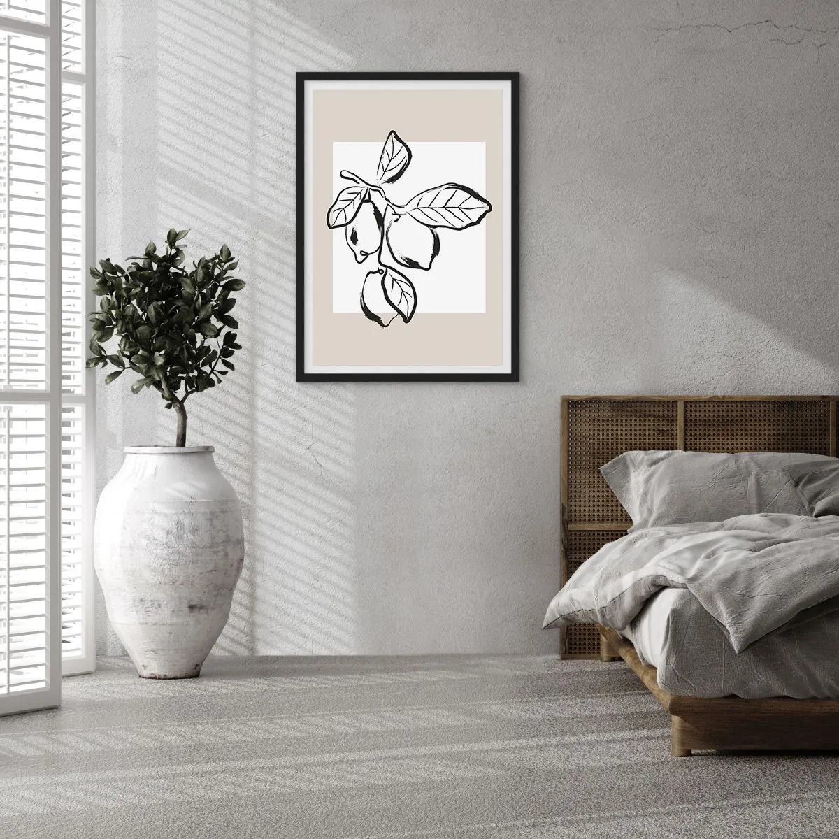 Plakat i sort ramme - En minimalistisk illustration af en citrongren i sort-hvid stil. - 50x70cm - Hvor citronen modner... - Moderne vægdekoration til stue og soveværelse ARTTOR