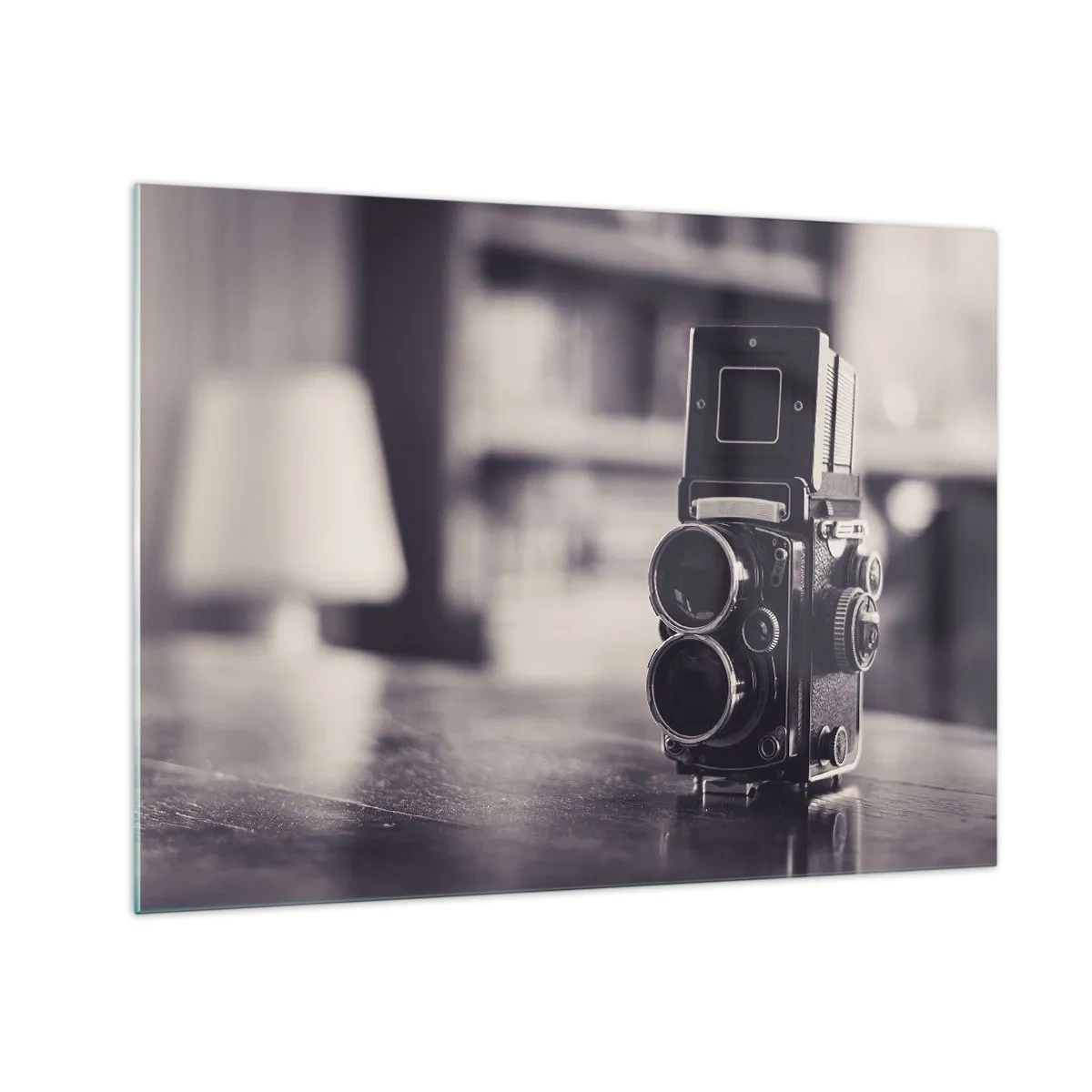 Billede på glas - Sort-hvidt fotografi af et antikt kamera - 70x50cm - Magien i et gammelt fotografi - Moderne vægdekoration til stue og soveværelse ARTTOR